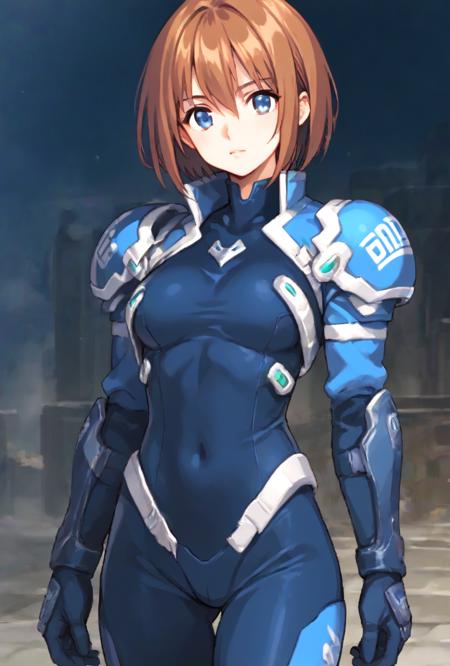 Gloria Chanvalley, blue eyes, short hair, brown hair, armor, bodysuit, ear pad,