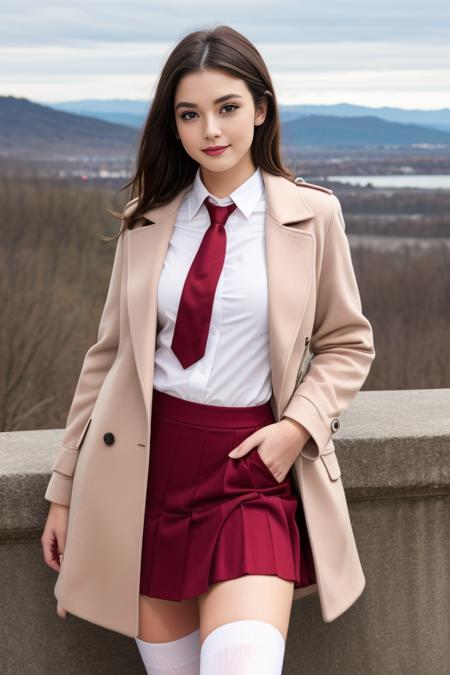 1 woman, beautiful, detailed, full body shot, scenic view
<lora:Pleated Skirt & Top By Stable Yogi:0.8> crimson pleated skirt, shirt, coat, necktie, thighhighs