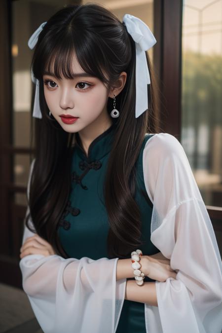 ltra-detailed,highly detailed,best quality,masterpiece,illustration,realistic,
yaozhi, 1girl, solo, upper body, 
china dress, chinese clothes, see-through sleeves, long sleeves,
bangs, brown hair,  long hair, twintails, 
hair ribbon,  earrings,bracelet, 
 <lora:yaozhi_v1_02:0.7>