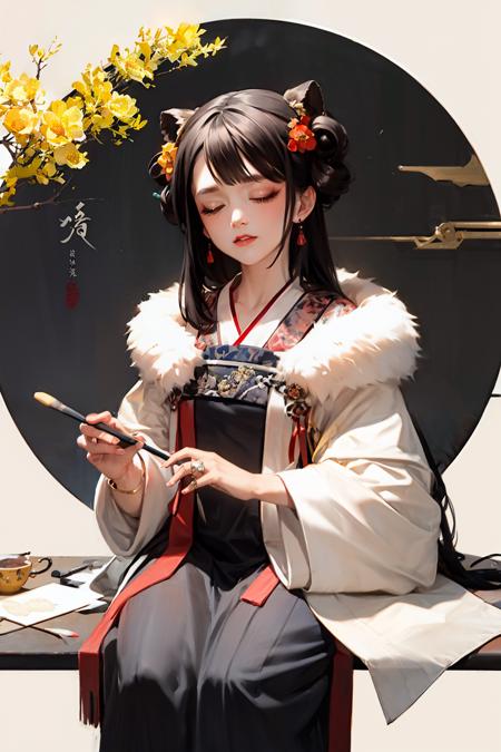 masterpiece, best quality, <lora:hanfu:1>,hanfukozue, 1girl, tiger, paintbrush, long hair, double bun, hair bun, holding paintbrush, holding brush, chinese clothes, hanfu, calligraphy brush, bangs, solo, year of the tiger, black hair, white tiger, jewelry, long sleeves, holding, sitting, yellow eyes, bow, necklace, hair ornament, wide sleeves, red bow, blunt bangs, fur trim, closed mouth, ribbon, dress, shawl, tassel, animal print, red ribbon, animal, very long hair, hand up, ink, bowtie, coat, hair ribbon, chinese zodiac, scroll, looking at viewer, hair flower, sidelocks, earrings, brown hair, flower, one eye closed, blush, pink dress