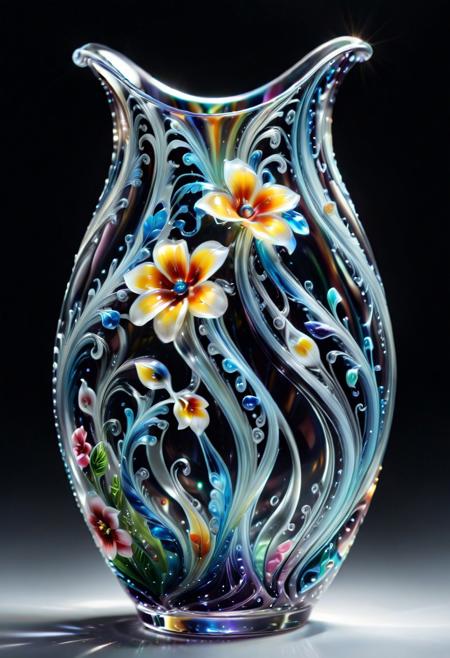 score_9, score_8_up, score_7_up, masterpiece, amazing quality, best quality, very aesthetic, absurdres, very awa, hyper-realistic, ultra-HD, perfect composition, cinematic lighting, volumetric lighting, raytracing, ambient occlusion, extreme close up, 
BREAK
murano_glass_style, Murano Glass Vase, swirling colors, translucent glow, floral patterns, delicate curves,