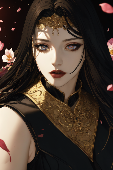 <lora:Endsinger_FFXIV:0.7> Endsinger, (masterpiece, best quality, ultra-detailed, highres), perfect face, sidelighting, lustrous skin,(bloom), (shine), lighting, ray tracing, sci-fi,black hair, long hair, lipstick, makeup, pale skin, 1boy, multiple girls, dress, colored skin, 1girl, staff, 2girls, looking at viewer, very long hair, depth_of_field,very detailed background, highly detailed background, Masterpiece, Ultra detailed, great composition,Dynamic angle,extremely delicate and beautiful,(Highest picture quality), (Master's work),   depth of field, solo, extreme light and shadow, masterpiece, rich in detail, (fine features), (highest quality), (masterpiece), (detailed eyes), (beautiful) detailed,beautiful detailed eyes,(straight-on), upper body, cyberpunk:1, flower petals falling, (extremely detailed CG unity 8k wallpaper),(masterpiece), (best quality), (ultra-detailed), (best illustration),(best shadow),perfect lighting , perfect anatomy , vivid colors,  (masterpiece),