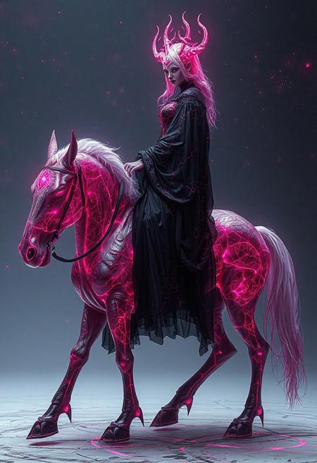 toxic skin art style, Laevateinn with neon lava-magenta galaxy black and white color palette Skin archaea/woman, Bioluminescence translucent background, full view, hyper realistic, masterpiece, 32k, detailed, full body view, female ,Big legs, wide hips, a the woman wearing shattered glass like robe, woman is riding a Laevateinn with pearl-white magenta galaxy black and white color palette Skin,