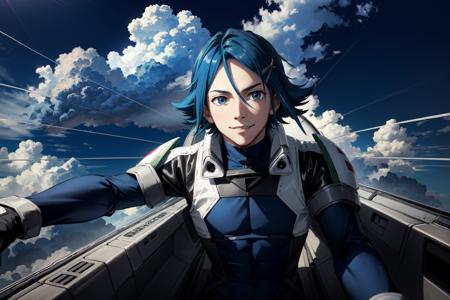 hayate immelmann\(macross delta\), solo, 1boy, male focus, blue eyes, smile, blue hair, short hair, hair behind ear, gloves, bodysuit, pilot suit, glass, robot, sky, day, cloud, blue sky, cockpit <lora:Hayate_Immelmann_No_commercial_use_is_allowed_LoRA:0.5>