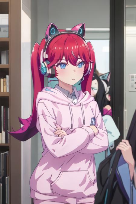 best quality, masterpiece, highres, solo, {irving_amelia_renaiflops:1.15}, red_hair, long_hair, twintails, blue_eyes, bangs, headphones, fake_animal_ears, animal_ear_headphones, animal_ears, cat_ear_headphones, hoodie, 2girls, hood, multiple_girls, 1girl