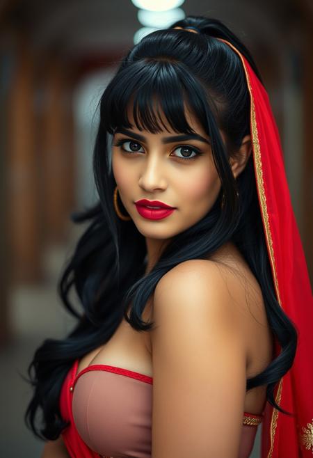 Shot using: Sony a7R IV, 35mm f/1.4 Zeiss Distagon lens, Fujicolor Pro 400H film, girl, punjabi, kajal choudhary,, looking at viewer, red dupata, ponytail, bangs, black hair, bangs large breasts, slim, puffy nipples. , pinup pose, portrait, cinematic hdr dof tilt shift bokeh