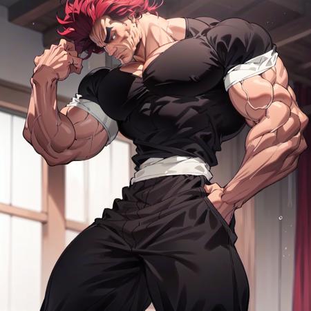 highres,High quality,(Beautiful), ((masterpiece)),vibrant colors,  solo,1boy, abs, biceps, large pectorals, male focus, manly, muscular, muscular male, pectorals, red hair, spiked hair,(black shirt:1.2), black pants,<lora:YujiroV9:1>