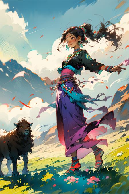 Masterpiece,best  quality,1girl, smile, full body, ((Tibetan)),  front view, dancing, Prairie, sunset, sun, wind, floating hair, mountain<lora:Tibetan_v1:0.9>