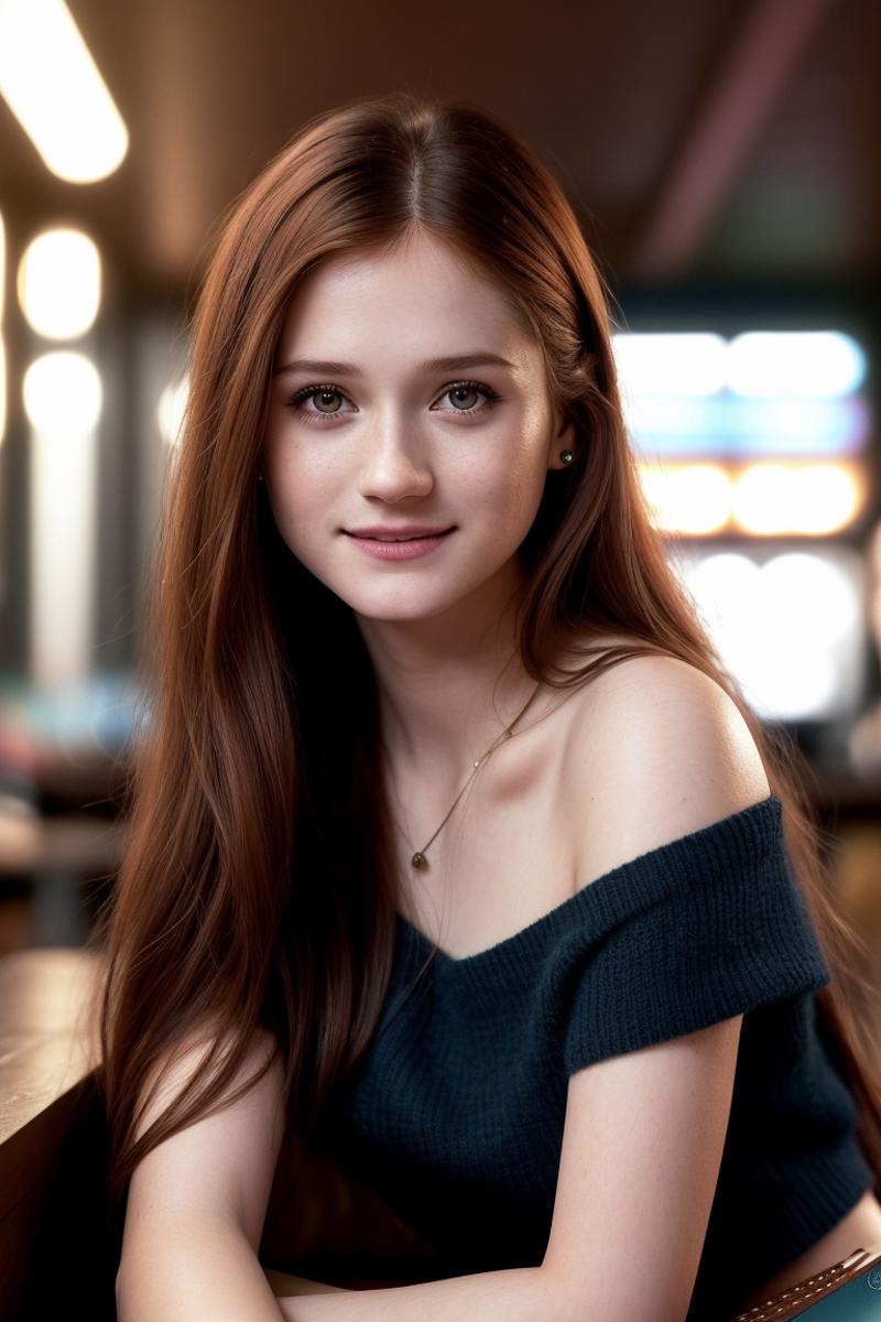 A pretty young woman with red hair and a gold necklace.
