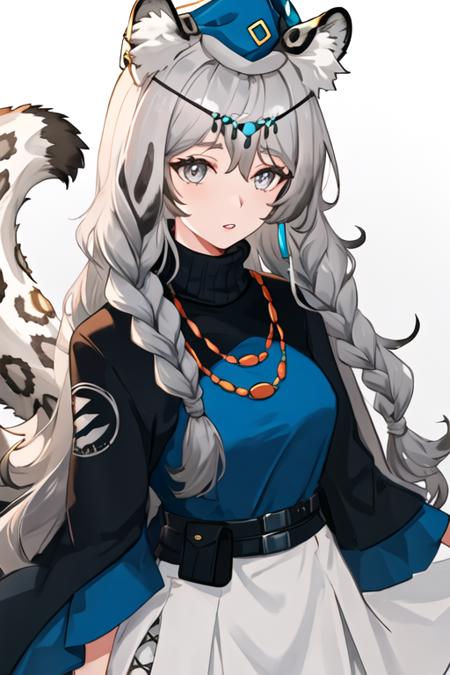 best quality, masterpiece, highres, solo, {pramanix_arknights:1.15}, long_hair, animal_ears, braid, leopard_ears, animal_ear_fluff, grey_eyes, twin_braids, bangs, grey_hair, jewelry, white_hair, necklace, tail, upper_body, turtleneck, leopard_tail, hair_between_eyes, bell, very_long_hair, 1girl, blue_headwear, hat, looking_at_viewer, official_alternate_costume, parted_lips, simple_background, white_background