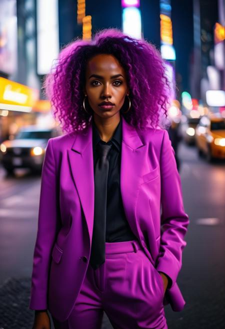 A confident somali woman in a vibrant hot purple blazer and matching pants stands on a city street at night.  The scene is a stylized portrayal of New York City's Times Square, illuminated by vibrant neon lights in various shades of pink, purple and yellow.  She has curly, dark purple hair and wears a crisp white shirt and a black tie.  The image has a slightly hyperrealistic but also impressionistic quality that emphasizes the colors and energy of the city.  Cars are visible in the background, defocused, with a sense of shallow depth of field. The overall aesthetic is dramatic and stylish, focusing on the interplay of color and light in the urban environment.