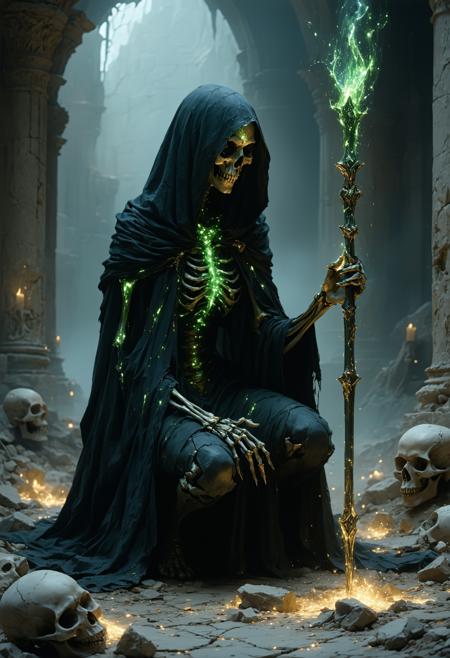 A hauntingly beautiful elven necromancer kneels in a twilight necropolis, her obsidian-and-gilded robes pooling like liquid shadow, conducting a ritual over cracked bone fragments. Low-angle perspective amplifies her towering presence, her face framed by intricate skull warpaint shimmering with iridescent decay—cracks revealing glowing emerald beneath. Art Nouveau elegance (Alphonse Mucha’s flowing lines) clashes with Brom’s dark fantasy grit. Chiaroscuro lighting carves her textured, alabaster skin, while her staff pulses with bioluminescent gold, casting spectral runes onto mist. Veiled whispers hum as skeletal fingertips breach the earth, threads of soul-light weaving between her fingers and the soil.
