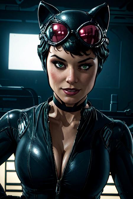 <lora:AdamHughesStyleV7:1> 1girl, portrait of beautiful ctwmn, smile, black bodysuit, green eyes, short hair, choker, athletic, cleavage, black headwear, fake animal ears, goggles on head, volumetric lighting, best quality, masterpiece, intricate details, tonemapping, sharp focus, hyper detailed, trending on Artstation, realistic, <lora:sxz-catwoman-v1:0.6>