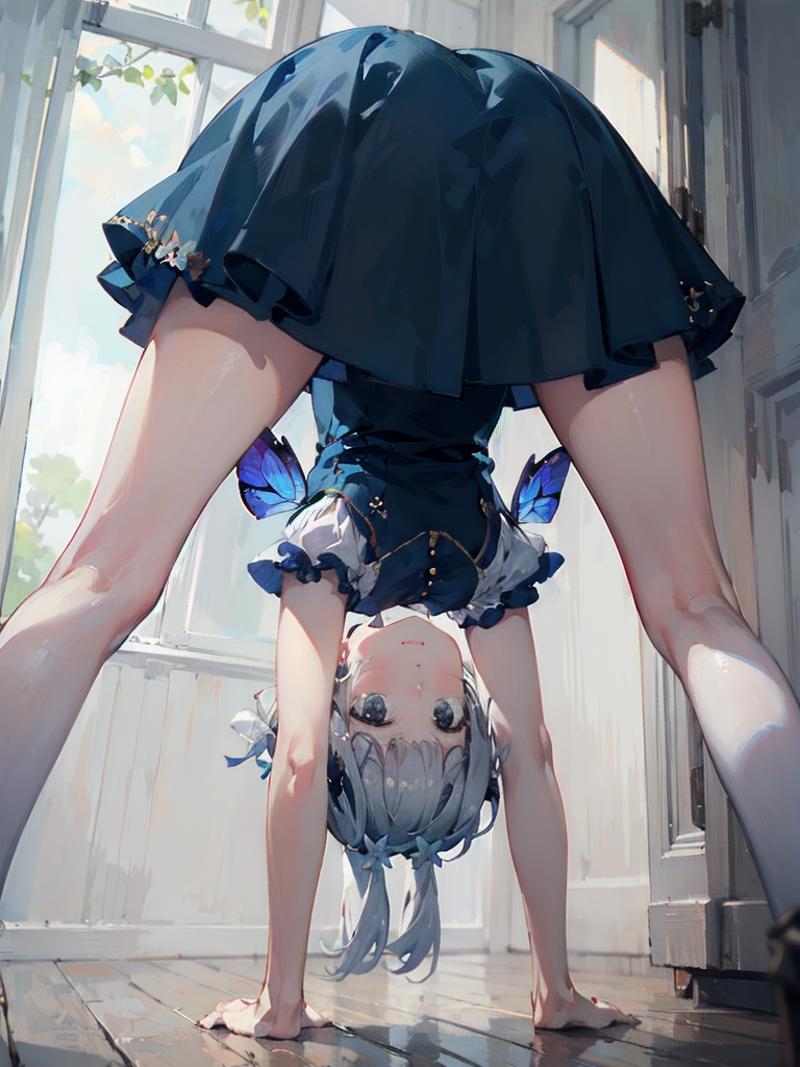 Anime character doing a handstand in a blue and white dress.