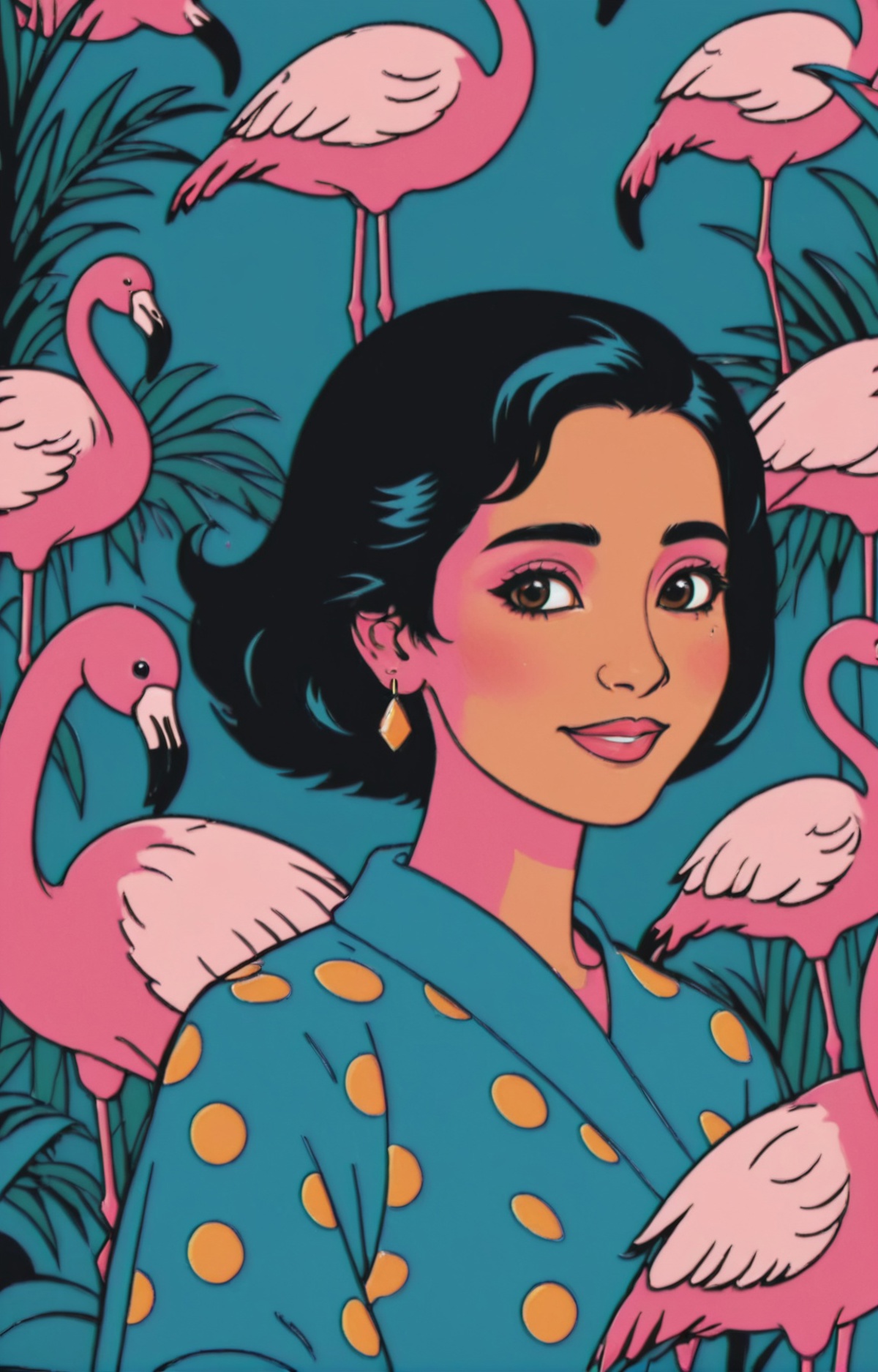 A girl with a pink face, blue dress, and pink hair is surrounded by flamingos.