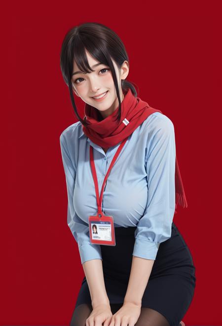 ruanyi0904,black skirt,blue shirt,coat,red scarf,red lanyard,ID card,black pantyhose