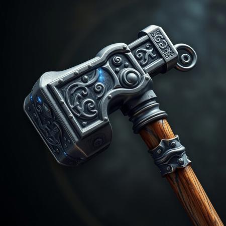 A fabulous Dwarven hammer, bluish highlights sparking within its silver head, with arcane dwarven symbols etched into its side. It has a long highly polished oak haft, the rich grain showing through and elaborate scrollwork along its length.