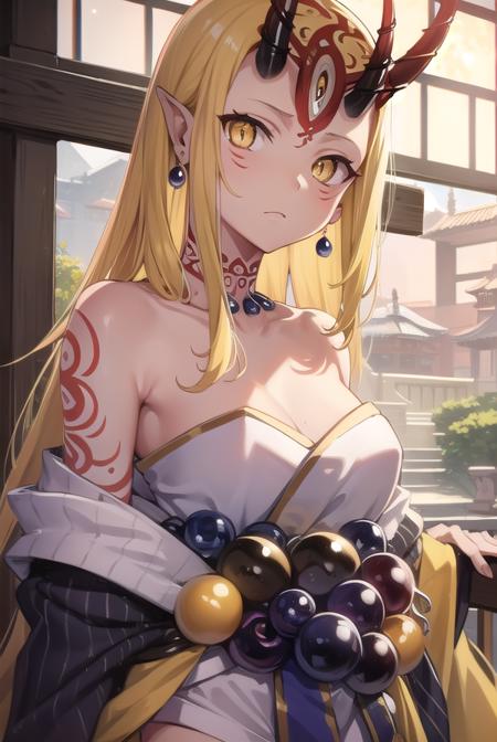 ibaraki douji, blonde hair, facial mark, fang, forehead, horns, long hair, oni, oni horns, pointy ears, (yellow eyes:1.5), earrings, japanese clothes, jewelry, kimono, leg tattoo, neck tattoo, oni, oni horns, shoulder tattoo, tattoo, yellow kimono,