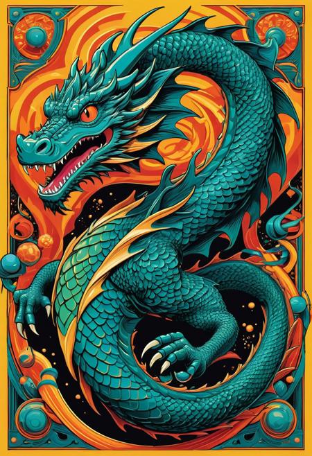 Centered, A vibrant, old-school dragon  amidst a swirling vortex of abstract shapes, set against a backdrop of bold, contrasting colors, reminiscent of the styles of M.C. Escher, Ed "Big Daddy" Roth, and Vaughn Bodé. The dragon is adorned with intricate, fine details, including twisted rope and anchors, in a mesmerizing display of complementary colors, with shades of turquoise, orange, and yellow, blended in a stylized, hand-drawn manner, evoking the dynamic energy of classic gaming art and psychedelic posters.