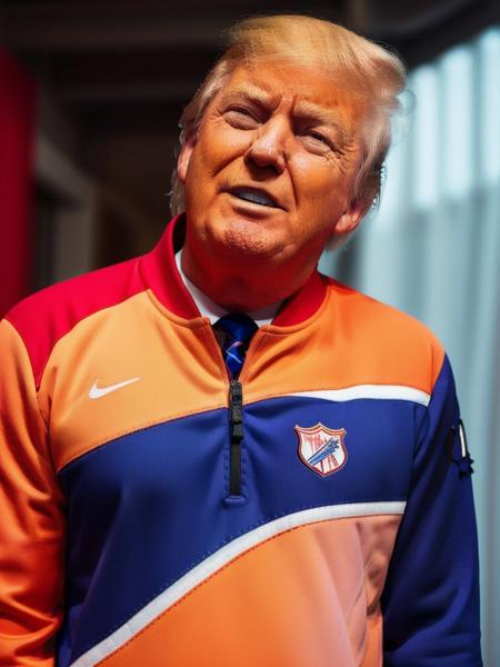 Trump768 ,Sporty tracksuit with bold stripes and pop-color accents, detailed eyes, photography, ultra-sharpness, highest quality, art of Anya Millen, smooth, clear focus, trend on artforum, behance hd, muted colors    <lora:Trump768:0.7>