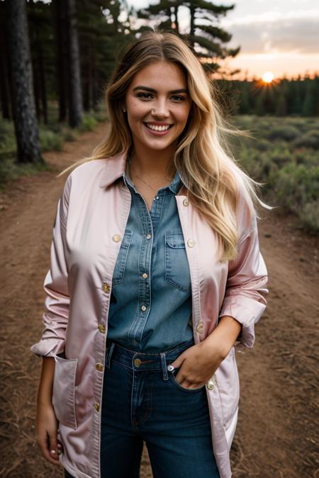 <lora:k4t3upt0n:1>, Realistic full body photo of a beautiful k4t3upt0n woman,1girl, solo, long hair, looking at viewer, smile, (((blonde hair))), shirt, jeans and jacket, teeth, grin, lips, outdors, forest, sunset, professional Photography, Photorealistic, detailed, RAW, analog, sharp focus, 8k, HD, DSLR, high quality, Fujifilm XT3, film grain, award winning, masterpiece