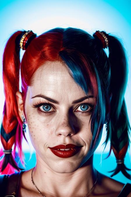 portrait photo of (f41ruz43-14850:1.0) woman as harley quinn, soft lighting, movie promo