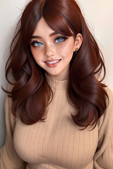 <lora:detail_slider_v4:1>masterpiece, high quality,   <lora:r3tr0r3dd0ll:0.75> r3tr0r3dd0ll, 1girl,long hair,looking at viewer,smile,blue eyes,dark red hair,upper body,wavy hair,parted bangs,, freckles,  <lora:age_slider_v6:1>