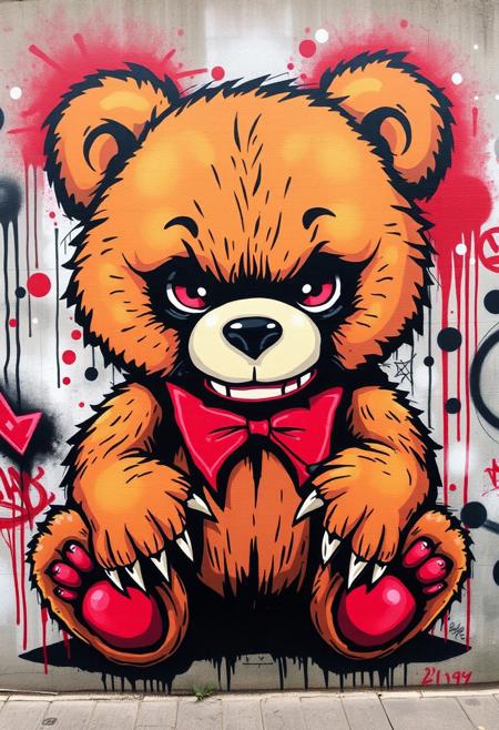 Graffiti art of a cute teddy bear secretly being a monster in disguise, street mural, spray paint, highres, great quality