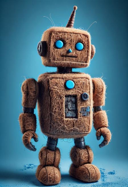 A pamcocomat cute robot, futuristic robot, wearing clown makeup, in a birthday part, sad, wet, blue lighting coming from it, detailed, DSLR