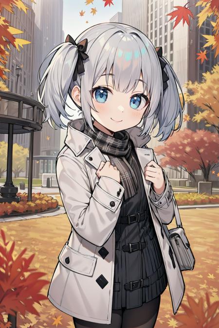 masterpiece, best quality, cute,
short hair, blue eyes, short twintails, silver hair, smile, coat, 
outdoors, autumn, skyscraper,