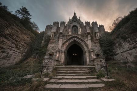 raw photo, a sunset landscape, oregon mountains, forested ravine cliffs, cozy, photorealistic, abandoned Towering Stone gateway entry into dark the side of cliff, dwarven, high fantasy style, high detailed texture, 8k uhd, dslr, soft lighting, high quality, film grain, Fujifilm XT3, Sony A7 IV, highly detailed photography, (muted colors, cinematic, dim colors, soothing tones:1.2), vibrant, insanely detailed, hyperdetailed, (dark shot:1.2), (vsco:0.3), (intricate details:0.9), (hdr, hyperdetailed:1.2) (highest coherency: 1.39) (highest quality: 1.39) (rule-of-thirds) (award-winning) (masterclass) (highest resolution: 1.39) (castle architecture built into cliff)