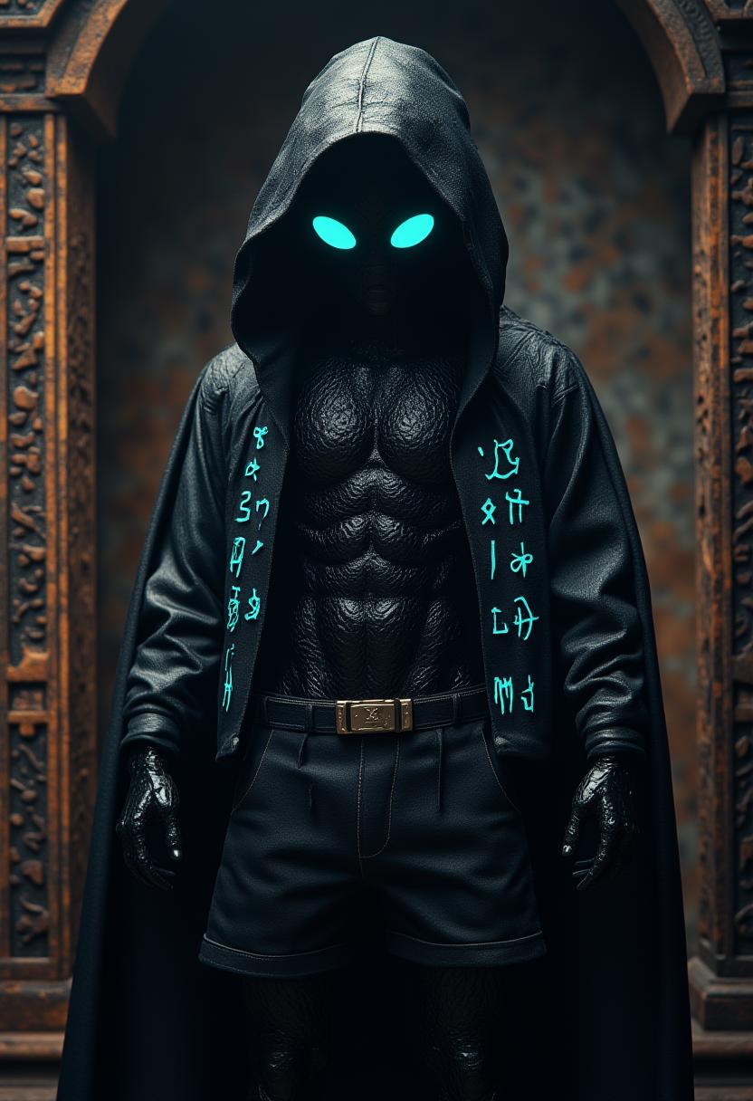 In this captivating image, we behold the ethereal presence of Nightmare!Sans, a sinister and otherworldly incarnation of the beloved Sans character from Undertale. His form is cloaked in a viscous black goop, exuding an aura of darkness and malice. He dons a jet-black goopy jacket and shorts, adorned with glowing cyan runes that hint at arcane powers beyond our comprehension. Tentacles protrude from his body, suggesting a deeper connection to the abyssal depths of the world.  His eye, concealed beneath a thick, gelatinous substance, is outlined in a menacing cyan hue, reminiscent of the PerfectEyes style. The background of the image showcases a stunning piece of artistry by Brandon Mably and Anni Albers, depicting an ancient artifact with earthy tones and intricate geometric patterns, evoking the mysterious beauty of Kashyyyk.  The photograph captures this enigmatic object in perfect focus, its every detail rendered with moody lighting and film grain, creating an atmosphere of age and mystique. Taken using a Fujifilm XT3 camera at an aperture of F/8, the image demonstrates the camera's unparalleled ability to capture even the most elusive moments of beauty and wonder.  Overall, this haunting image is a testament to the artist's mastery of both visual storytelling and technical prowess, transporting us to a realm of shadows, secrets, and untold power. ,<lora:aidmaMJ6.1-FLUX-V0.3.safetensors:1.0> ,