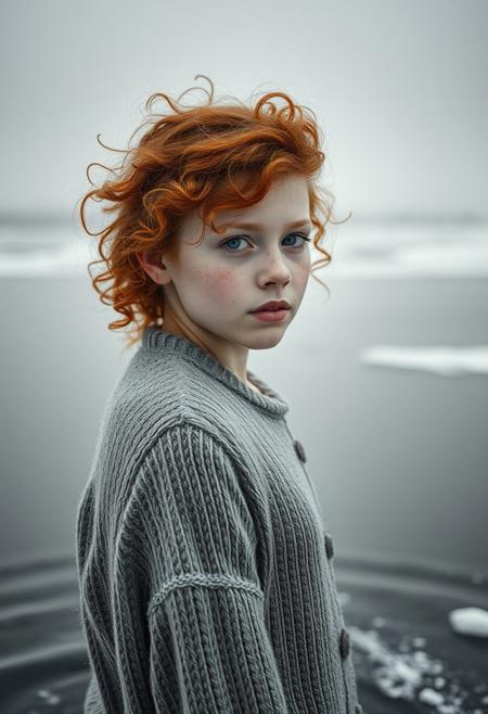 monochrome landscape, faded colors,fashion shot,  (chilly atmosphere:1.3), low contrast, dimly lit empty scenery,  beautiful girl with curls and freckles, (ginger hair), (hyperrealism:1.2), (8K UHD:1.2), (photorealistic:1.2), messy hair,, standing in water, snow, cold, (beauty portrait:1.1) , full body