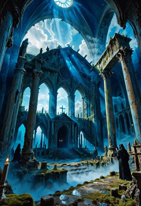 <lora:MW_DEp2xl:1> MUR0, medieval, blue sky, gold, silver, blue, columns, fantasy, green, T8, forest, trees, mist, epic, imagination, epic scale, epic world, halos of light, detailed, bokeh, motion, EFFD03, epic scale scenery, moss, clouds, multi levels, transparent water, landscape, blue sea, SE12, rich detailed sky, ruins, crumbled ground, the crypt, black robed crowd, occult ceremony, women dressed with black robes,