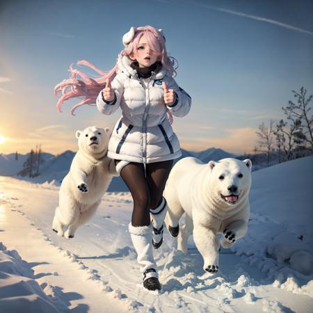 masterpiece, best quality, highly detailed <lora:single thumbs up:0.4> , single thumbs up
<lora:NarmayaLoRa:1> illustration," 1girl, blue eyes, winter attire, running for her life, snowy landscape, towering icebergs, chilling wind, fear-stricken expression, adrenaline pumping, desperate escape, suspenseful atmosphere, heart-pounding chase, survival instincts kicking in
AND a polar bear <lora:werewolf_v0.2:1> chase, bite <lora:volibearV1:0.2>