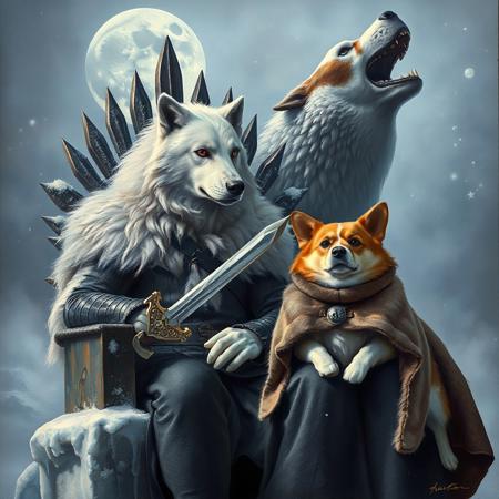 A regal white wolf (as Jon Snow) sits on a frosty throne, gripping a chew-toy sword. Beside him, a tiny but fierce corgi (Tyrion Lannister) wears a tiny fur cloak and a smug expression. In the background, a massive Saint Bernard (Ghost) howls at the icy moon. The headline is “The Game of Buzzers.”
Style: Epic fantasy oil painting, cold and misty atmosphere, intricate armor details.