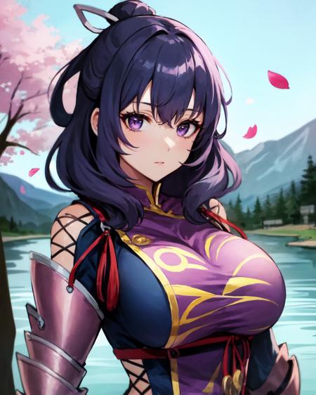 best quality, (masterpiece:1.2), illustration, absurdres,
(1girl), (solo), (beautiful detailed girl), (upper body, portrait),
<lora:Rixia:1>, Rixia Mao, dark purple hair, medium hair, purple eyes, huge breasts,
purple china dress, armored boots, thighhigh boots, thigh boots, armored gauntlet, pelvic_curtain,
distant mountains, cherry trees, cherry blossom, petals, japanese architecture, river,,