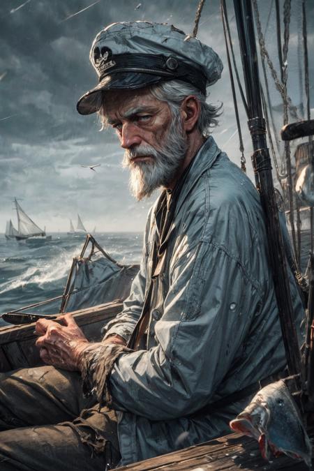 (RAW photo, 8k uhd, Analog style, Masterpiece, Best Quality, Highres:1.4), (dramatic, cinematic:1.2), BREAK,
movie shot of (80 yo:1.2) (old male:1.3) (fisherman:1.25) (sailor man:1.25) (sitting:1.1) (on deck:1.35) of (old dilapidated:1.2) (wooden sailboat:1.3), against railing, (from side:1.2), (stern face:1.2), (deep wrinkles:1.2), (gray long beard:1.3), (grey eyes:1.2), ((shabby:1.2) old (torn:1.15) (raincoat:1.1), brown (pants:1.1), (sailor hat:1.1) (sou'wester:1.2), jackboots:1.1), (lowered head:1.2), (tired sad expression:1.15), BREAK,
(stormy sea, gloomy dark clouds:1.2) on background, (splashes, water drops, rain:1.25), (seafoam:1.1), (flying white seagulls:1.25), (rocks, cliffs:1.3), (dark haze:1.2), (wet clothes:1.1), fishing (nets with fish:1.3) on deck, (ropes:1.1), (tense hopeless eerie atmosphere, cold, floes:1.2), BREAK,
(photorealistic:1.3), (rough details, (male focus:1.1):1.2), (desaturated, cold lighting:1.3), (hyperdetailed, absurdres:1.2), BREAK,
<lora:more_details:0.9>,
<lora:zoom_slider_v1:4.5>,