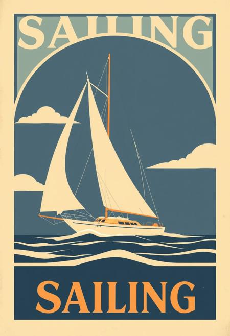 graphical art, sailboat, poster design, text "Sailing", vintage retro style, art deco, travel poster, sailing,