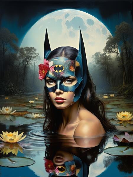 <lora:11VisualArt_Hap_XL:3.5>,Sandra Chevrier style,collage,torn paper effect ,pop art, comic book,batman, Robin, superhero, woman silhouette in magical pond with flowers and water lilies in elvish forest!! Moon and stars !! dark, Epic cinematic brilliant stunning intricate meticulously detailed dramatic atmospheric maximalist digital matte painting, Adriaen van Ostade, Gerald Brom, Zdzislaw Beksinski hyperdetailed oil painting,