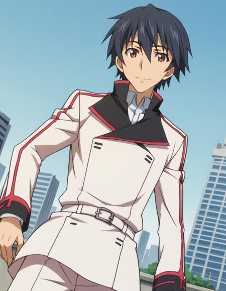 ichika orimura, black hair, male focus, brown eyes, mature male, school uniform, belt, pants, uniform, military, military uniform,