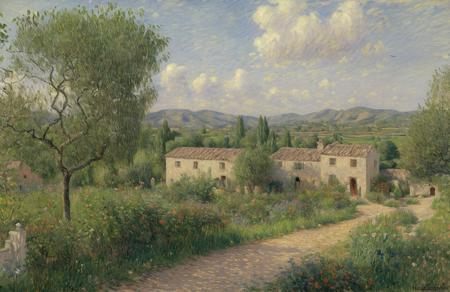 (impressionism:1.05), scene painting,a painting,scenery, hacienda ,plot ,hedgerow,yard , Plateau ,