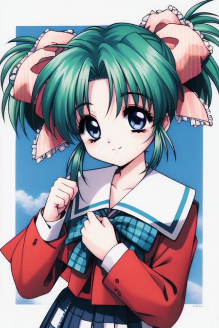 <lora:Akumu95_AoiKajitsunoSange:0.8>,akumu, 1girl, solo, smile, school uniform, bow, short_twintails, green_hair, long sleeves, short hair, ribbon, looking at viewer, hair bow, upper body, clenched hands, blue eyes, hair ribbon, plaid, child, chibi,
school uniform,   long sleeves,  blue_sky, school, cowboy Shot, plaid, smile, 
1990s \(style\), masterpiece, high quality, very_high_resolution, large_filesize, full color,