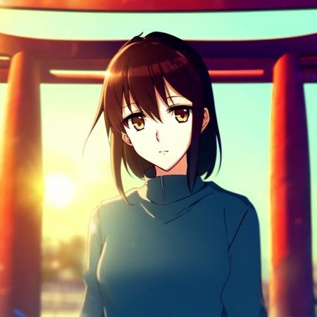 anime, a woman stands in front of the torii gate and looks at it with an expression showing its cold resignation.