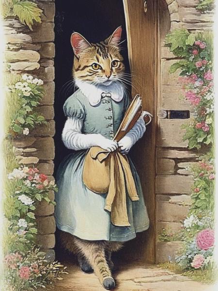 <lyco:RandolphCaldecott:1.0> vintage illustration Beatrix Potter style of a cat in a dress and bonnet, walking through a cottage door