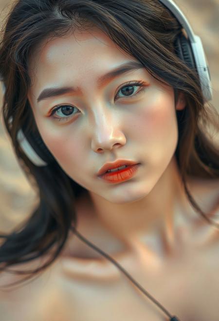 DSLR-style, glamorous and elegant 26-year-old Korean model, extremely milky white skin with porcelain glow, smooth and luminous, flawless soft matte finish with light reflecting quality, Korean idol skin tone, subtle gradient from center to jawline, extremely pale white skin, parted lips,
barely visible pores, uniform soft tone, studio-lit skin, full body, deep cleavage, extremely cleavage breasts.
A  captures a young individual with fair skin and subtle rosy cheeks, gazing directly at the viewer with a neutral yet engaging expression. Their dark, slightly wavy hair frames a face with delicate features, including a small, defined nose and full, natural lips. Soft, diffused lighting illuminates their face, highlighting the gentle curve of their jawline and the subtle texture of their skin. The individual has dark eyes with a hint of warmth in their tone. They are wearing headphones that rest over their ears,  The background is softly blurred, hinting at an outdoor setting with muted, earthy tones of beige and brown, possibly suggesting sand or a natural, sun-drenched environment. The overall mood is serene and contemplative, focusing on the subject's calm presence and direct gaze. The style evokes a feeling of natural beauty and quiet introspection. The lighting suggests either soft daylight or a carefully controlled studio setup mimicking natural light. The focus is sharp on the subject's face, with a shallow depth of field drawing attention to their features and expression.