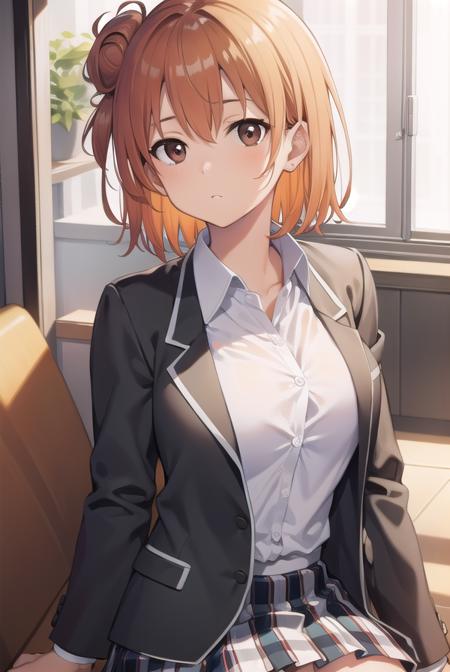 yuiyuigahama, <lora:yuiyuigahama:1>, yuigahama yui, short hair, (brown eyes:1.5), (orange hair:1.2), hair bun, single hair bun, 
BREAK skirt, shirt, ribbon, school uniform, jacket, white shirt, black jacket, blazer, sobu high school uniform, 
BREAK indoors, school, 
BREAK looking at viewer, 
BREAK <lyco:GoodHands-beta2:1>, (masterpiece:1.2), best quality, high resolution, unity 8k wallpaper, (illustration:0.8), (beautiful detailed eyes:1.6), extremely detailed face, perfect lighting, extremely detailed CG, (perfect hands, perfect anatomy),