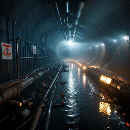a flooded maintenance shaft with twisted rebar and collapsed piping, rats scurrying along ledges, flashlight beam cutting through the mist, floor water reflecting blinking hazard signs, distant metallic echo rising from below, tunnel, dark, reflection, dirty