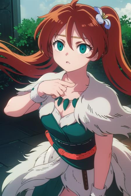 ayame, long hair, brown hair, hair ornament, twintails, (green eyes:1.3), flower, red hair, sword, hair flower, jewelry, necklace, cape, collarbone,