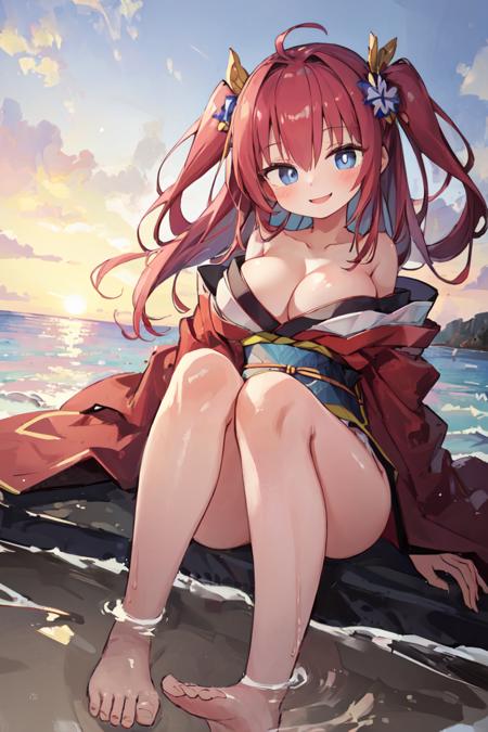 (masterpiece, best quality:1.4), 1girl, large breasts, outdoors, ocean, open clothes, collarbone, cleavage, maroon hair, light blue eyes, kimono, smile, easygoing face, two side up<lora:LohaMikozinArtStyle_v1:0.3><lora:antifreez3Artist_v20:0.4><lora:add_detail:0.5><lora:chiiSmolifierStyle_v10:0.3><lora:artistMeito_v10:0.3><lora:ixy442StyleLora_v10:0.3><lora:pastelMixStylizedAnime_pastelMixLoraVersion:0.5><lora:gaou-v1:0.3>